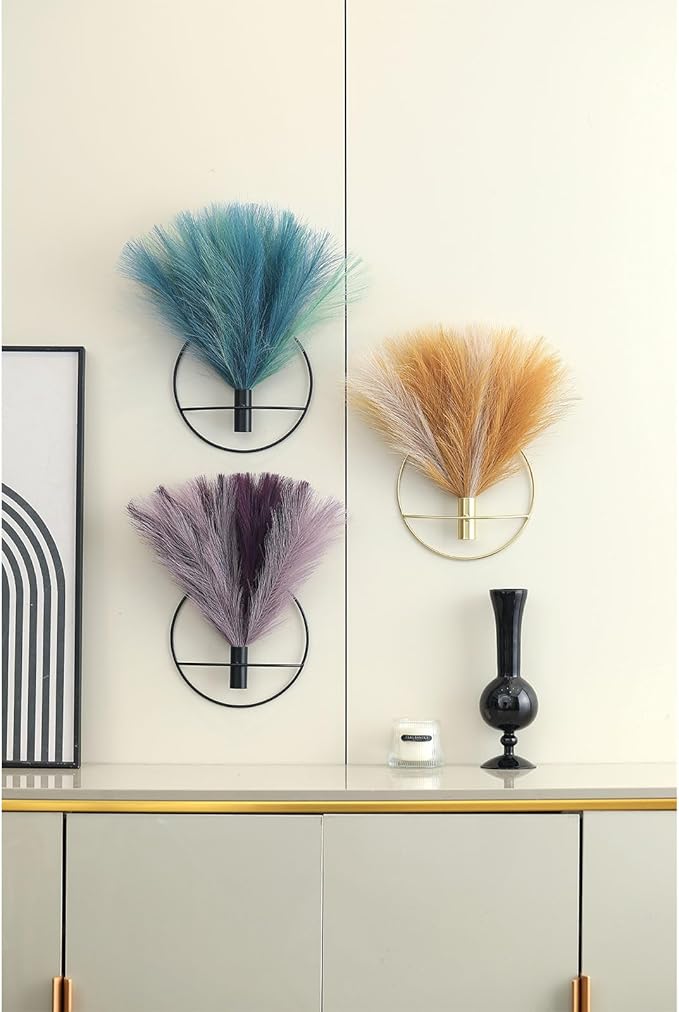 Pretty Jolly Boho Wall Decor, Wall-Mounted Metal Wall Decor, Hanging Artificial Pampas Display, Wall Art Living Room, Bedroom, Bathroom, Dining room,Plant Wall Decor 2 Pack,Black Ring
