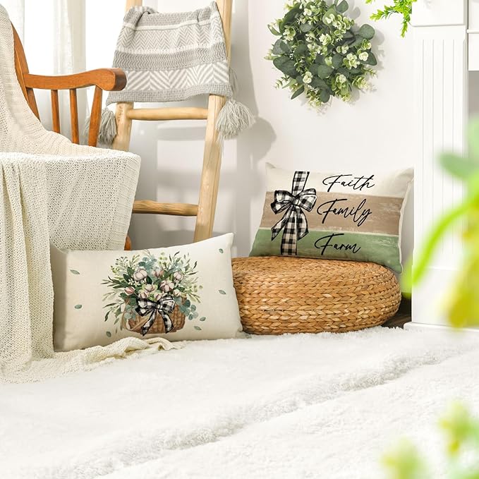 AVOIN colorlife Home Sweet Home Farmhouse Eucalyptus Leaves Throw Pillow Covers, 12 x 20 Inch Truck Stripes Buffalo Plaid Cushion Case Decorations Set of 4