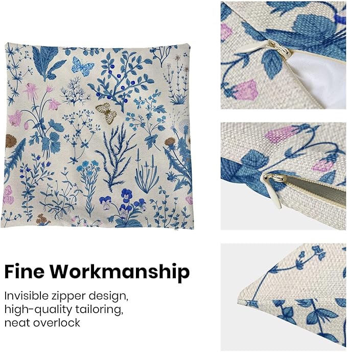AEIOAE Summer Pillow Covers 20x20 Inch Set of 2,Blue Wild Flower Plant Throw Pillows Case,Seasonal Floral Outdoor Decorative Square Linen Farmhouse Decor Cushion Covers for Home Sofa Bed Couch