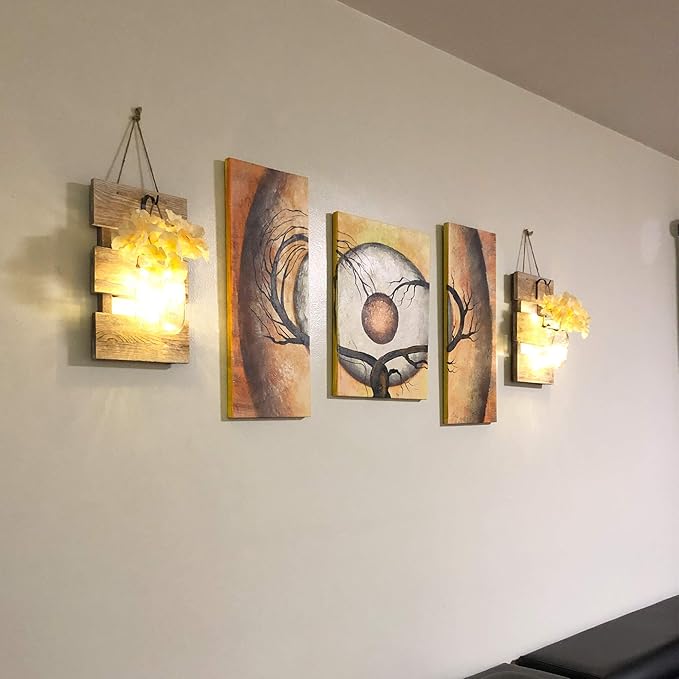 Besuerte Mason Jar Wall Sconces, Rustic Brown Wall Hanging Decor, LED Fairy Lights with Automatic On and Off 6-Hour Timer (Set of 2),Brown