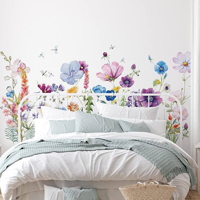 Zonon 6 Pcs Flowers Wall Decals Stickers Vinyl Removable Peel and Stick Colorful Dragonflies Floral Wall Murals Decor for Bedroom Living Room Nursery(Beautiful)