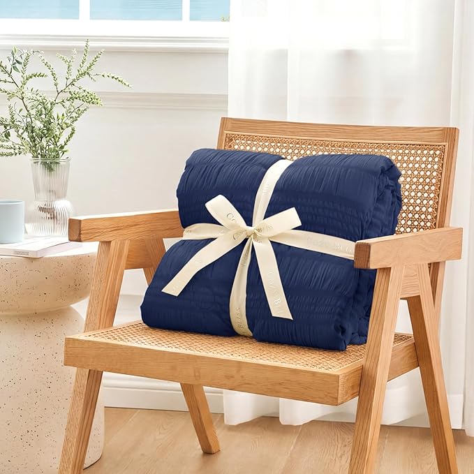 Cozy Bliss Striped Seersucker Cooling Comforter King Size, Lightweight Airflow Silky Cooling Bedding with Q-Max>0.45 for Bedroom, Home Decor, Hot Sleepers & Night Sweats, Navy Blue 106"×90"