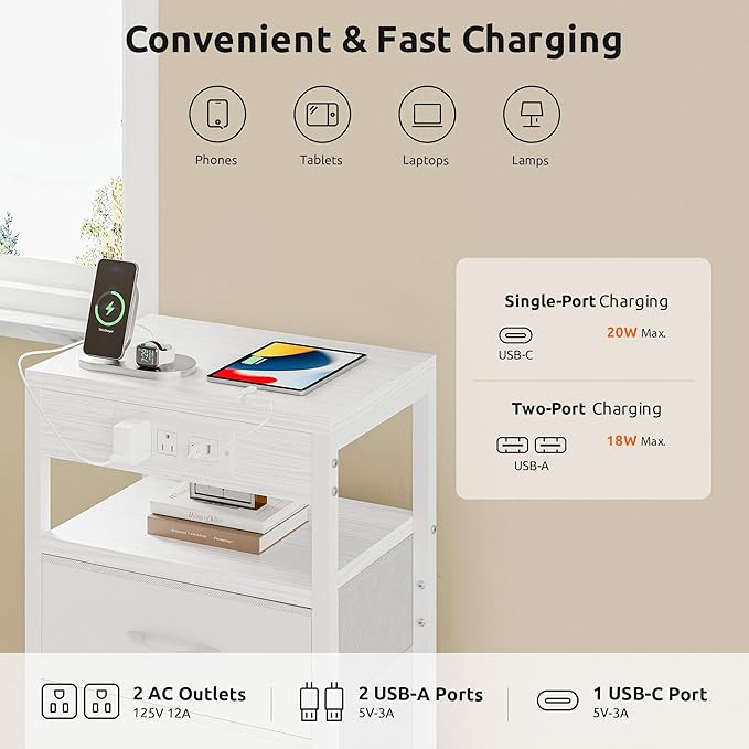 NightStand Bedside Charging Table Bedroom - Night Stand with Charger Station, Modern Bed Side Table with USB-C USB Ports & AC Outlets for Bedroom, Open Shelf & 4 Fabric Drawers, White