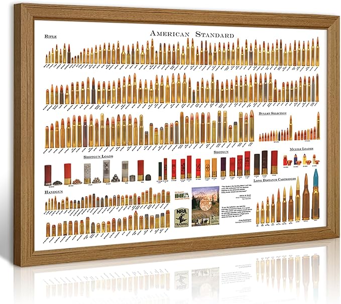 American Bullets Wall Art Bullet Chart Poster Canvas Art Prints for Home Room Decor 16x24 Inch Wood Framed Set of 1