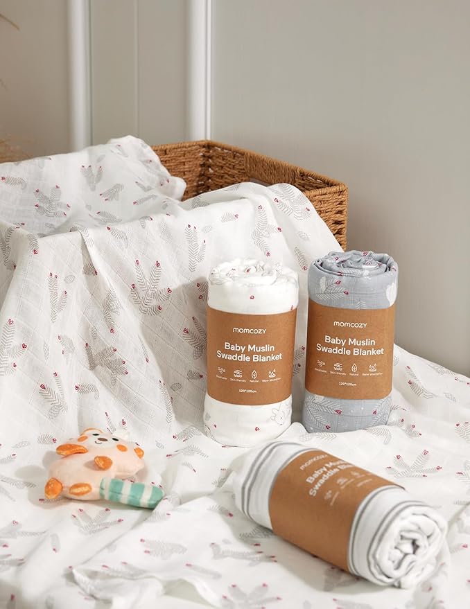 Momcozy Muslin Swaddle Blankets, 4-Pack Breathable and Skin-Friendly Receiving Blankets, Swaddle Blanket Shower Gifts & Baby Registry Essentials, Large 47"x47", Creamy Rabbit