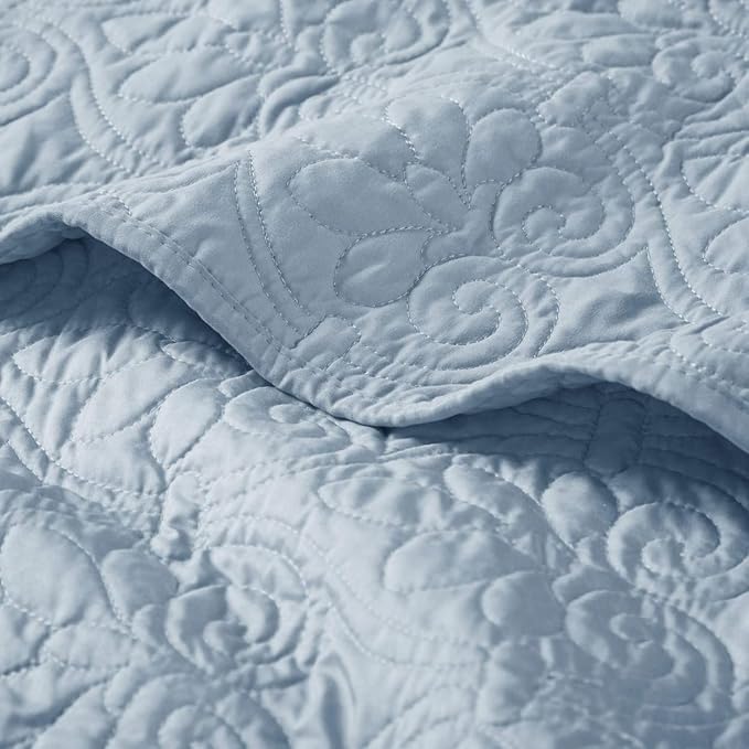 Madison Park Throw Blanket - Reversible Damask Quilting Design, Soft Pre-washed Microfiber, Cotton Filled Spread, Cozy Summer Blanket - Throw for Living Room Couch, Sofa, Bed, Quebec, 60x70", Blue