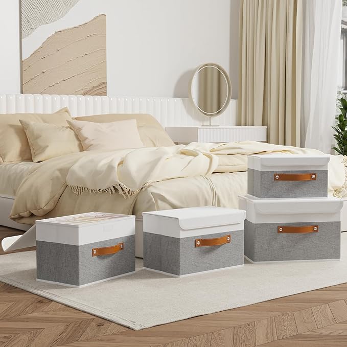 OUTBROS Foldable Storage Boxes, Large Linen Fabric, 15 x 9.8 x 9.8 inch, White/Grey, 3-Pack