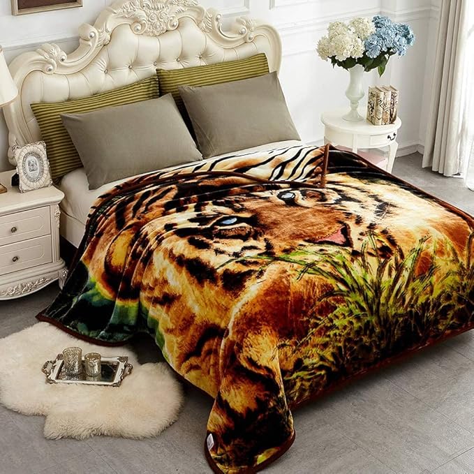 JYK Korean Faux Mink Fleece Blanket 75”x87” and 5 LB Mink Blanket - 2 Ply Reversible 520GSM Silky Soft Plush Warm Blanket for Autumn Winter, A&B Pattern (Queen, Tiger/Tiger Stripes)