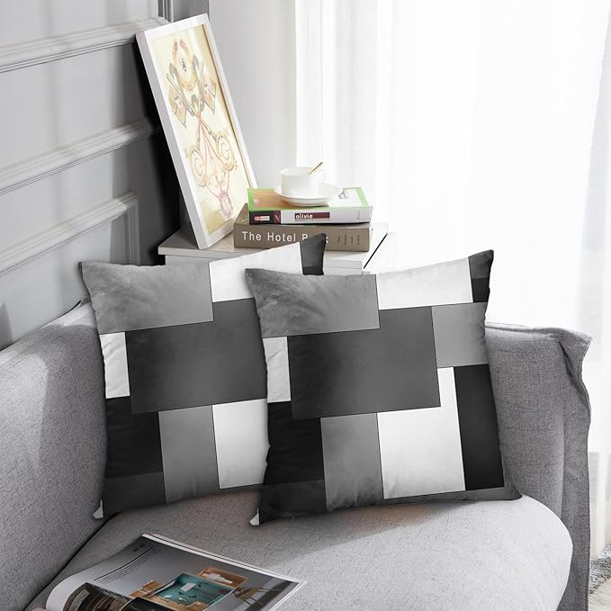 Emvency Set of 2 Grey Geometric Throw Pillow Cover Black Gray White Painting Abstract Checkered Design Decorative Pillow Case Modern Home Decor Standard Square 20x20 Inch Cushion Pillowcase
