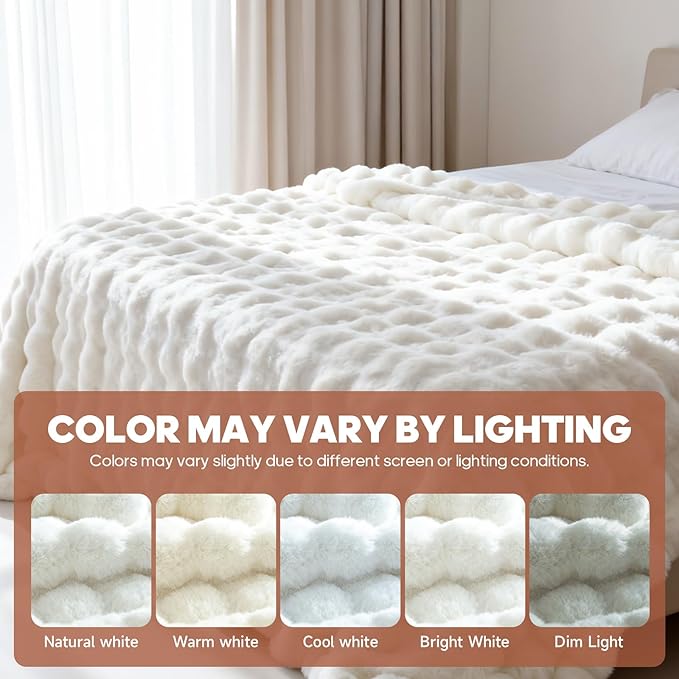 Luxury 1000GSM Faux Rabbit Fur Bubble Throw Blanket, Elegant White, Ultra Soft Plush 3D Bubble Design, Reversible Mink Blanket for Couch, Sofa, Bed & Living Room, 50" x 60" Gift for Women & Family
