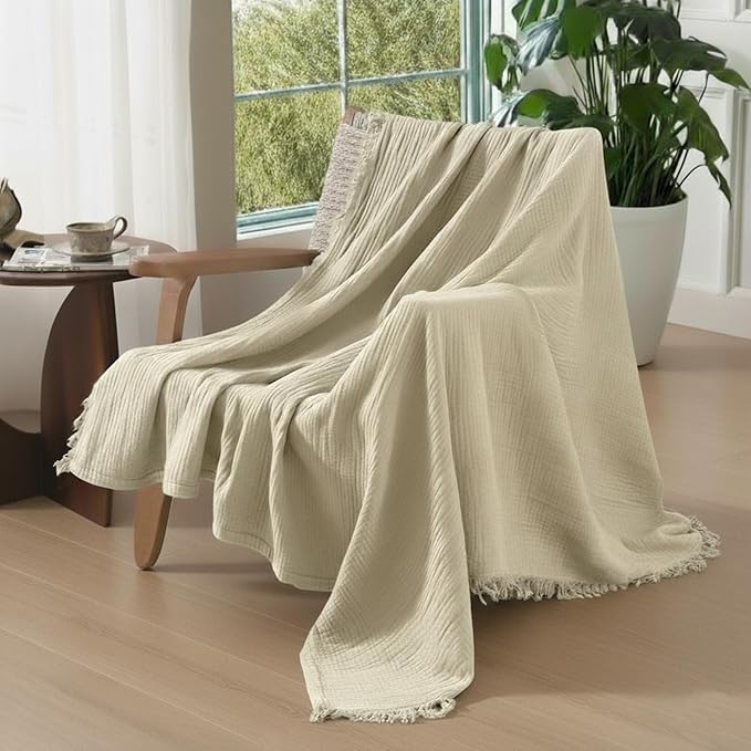 KyraHome 100% Organic Cotton Throw Blankets, 90"x90", Pre-Washed Plant Dyed, Breathable Lightweight Soft Gauze Muslin Blankets for Adults, All Season, Oatmeal Khaki