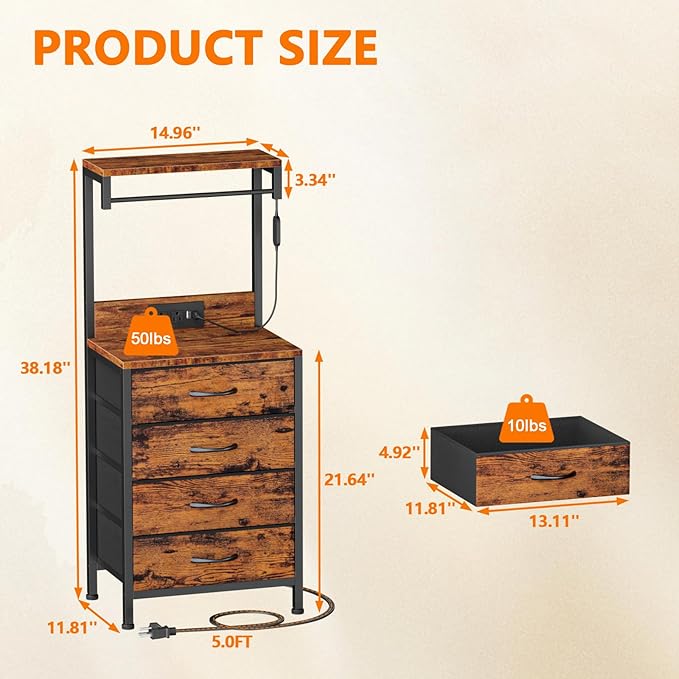 Furnulem Night Stand with Charger Station, 38'' Tall Nightstand with 4 Fabric Drawers and LED Lights, Bedside Table with Storage Shelf for Bedroom, Office, Metal Frame, Wood Shelves, Rustic Brown | 4 Fabric Drawers, LED Lights, Storage Shelf, for Bedro...
