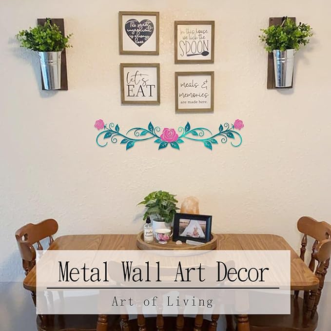 AHYS Metal Flowers Wall Decor Rustic Flat Rose Vine Wall Art for Farmhouse Home Living Room Bedroom for Above Door/Bed/Windows Decor (Cyan & Pink) - 29x6.3 Inches