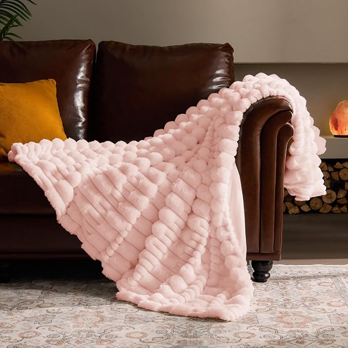 BEDELITE Faux Fur Twin Blanket for Couch - Super Soft & Cozy Plush Striped Blanket for Sofa and Room Decor, Luxury Fluffy All-Season Blankets Gift for Women, Men, Mom, Dad, 60x80 inch, Pink