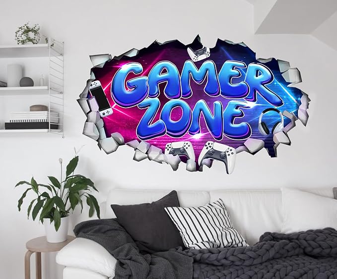 Large 3D Gamer Zone Wall Decals (20.7”x34.6”), Video Gaming Vinyl Wall Stickers for Game Lover, Removable Video Game Artwork for Boys Playroom Bedroom Decor