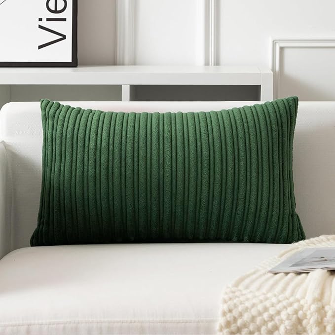 UGASA 14x24 Inch Christmas Pillow Cover Pack of 1 Soft Boho Stripe Corduroy Long Rectangle Lumbar Cushion Case Farmhouse Decorative Pilowcase for Bed Couch Sofa Bedroom, Christmas Green