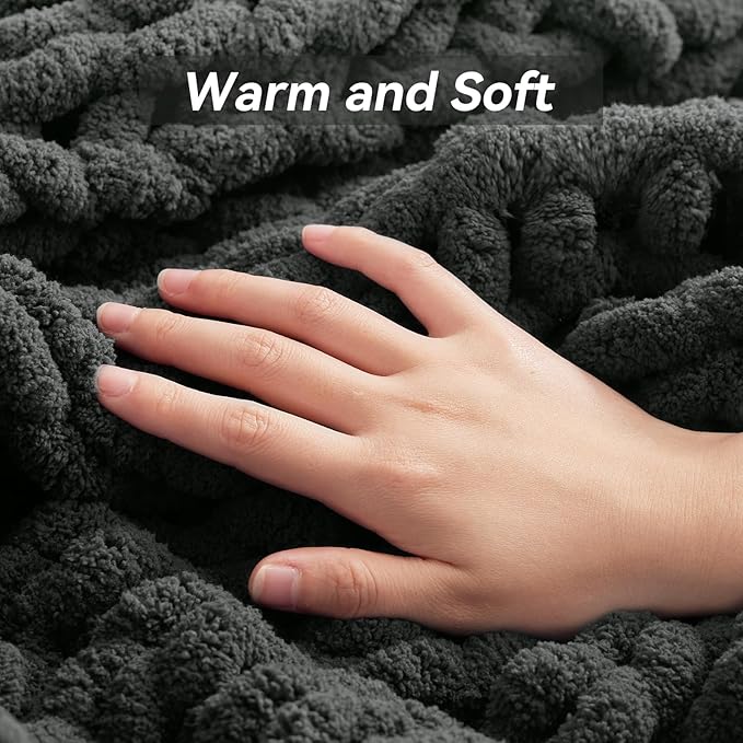 Chunky Knit Throw Blanket, 80''*90'' Knitted Throw Chenille Yarn for Bed Couch, Handmade Dark Grey Crochet Big Thick Blanket, Machine Washable Cute Comfy Blanket for Home Decor