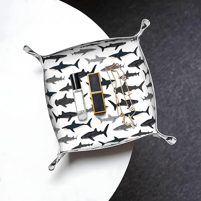 Sharks Nautical Boys Leather Vanity Tray Desktop Storage Organizer, Decorative Catchall Perfume Tray, Bathroom Valet Tray,Nightstand Caddy Holder for Keys Phone Wallet Coin Jewelry, S