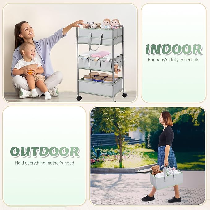 2in1 Colorful Baby Diaper Caddy Organizer Cart 3 Tier Large Capacity Metal Utility Bedside Rolling Cart with Divider for Newborn Nursery Essential Must Have Crib Bedroom Baby Shower(Green)