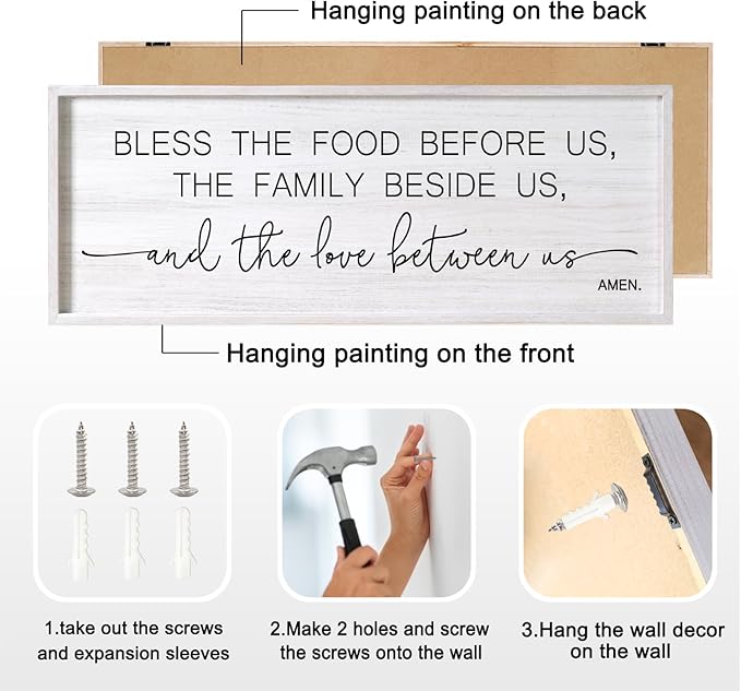 Bless the Food Before Us, the Family Beside Us, and the Love between us Framed Wall Art for Dining Room, 40''×15'' Positive Holy Religious Rustic Bible Verse for Christian God Jesus Christ Prayer