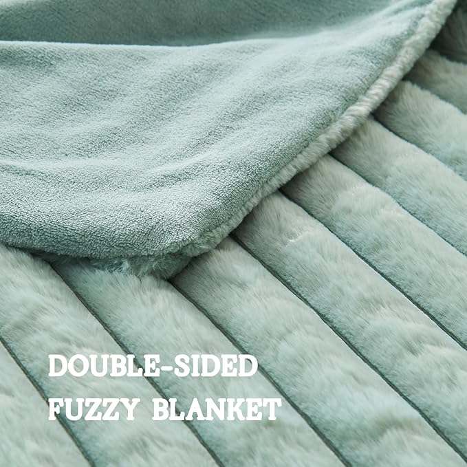 Lotus Karen Faux Fur Twin Blanket for Couch, Cozy Soft Fluffy Fuzzy Sage Green Blanket, Striped Warm Thick Furry Plush Shaggy Small Blankets for Women, 60x80 Inches