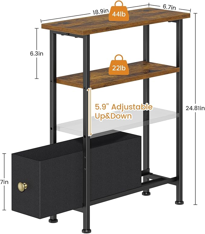 Narrow Small Side Table, End Table with 1 Fabric Drawer and Storage Shelf, 3-Tier Skinny Nightstand, Slim Bedside Table for Living Room, Bedroom, Rustic Brown