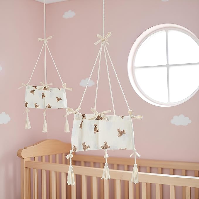 White Bedside Hanging Bags Milk Bottle Bib-Storage Crib Organizer Baby Nappy-Dormitory Bed-Bunk Organizing Bag Nappy- Organizer, Little Bear Nursery Hanging Organizers