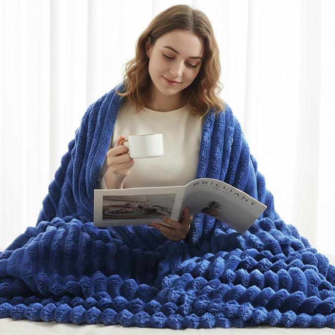 decorUhome Soft Fleece Navy Blue Blanket King Size for Bed, Cozy Fluffy Plush Flannel Large Striped Throws for Couch Sofa, Lightweight Decorative Fuzzy Blanket for Woman, 108x90 Inches