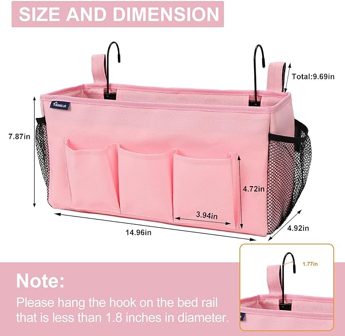 Surblue Bedside Organizer with Hook & Caddy Hanging Storage Bag with Adjustable Straps and Water Bottle Holder for Home, College, Dorm Bunk Bed & Crib Bed Rails Accessories, Pink