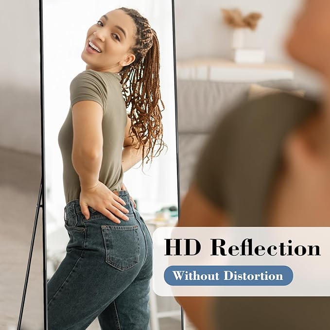 Mirror Full Length, Upgraded Body Wall Mirrors with Shatter-Proof Glass, Floor Standing, Hanging or Leaning, Tall Mirror with Stand Aluminum Alloy Frame for Bedroom
