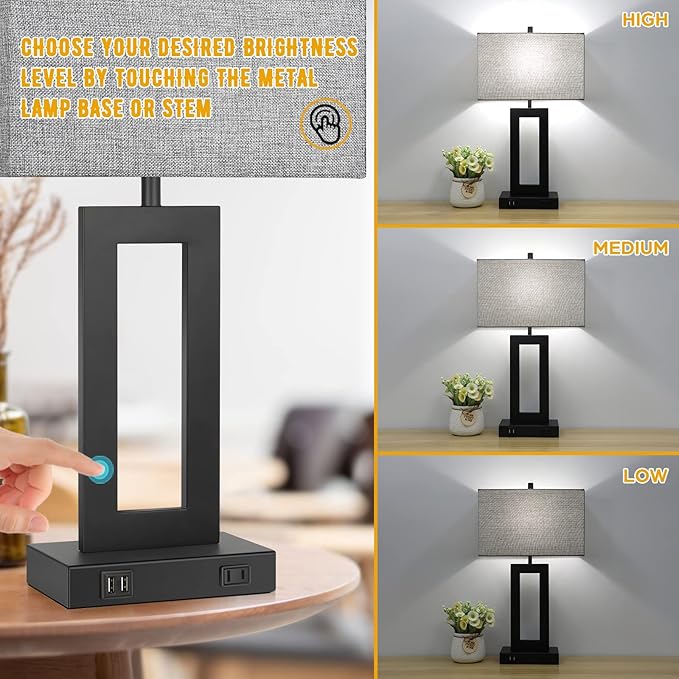 Set of 2 Modern Touch Control Table Lamps with 2 USB Ports, 22’’ Large Bedside Nightstand Lamps 3-Way Dimmable Desk Lamp With Grey Fabric Shade For Bedrooms Living Room Reading, 2 LED Bulbs Included