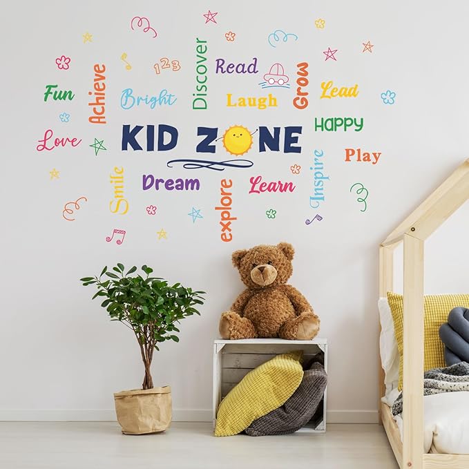 HLNIUC Colorful Inspirational Lettering Quote Wall Decal 35”x12” Kid Zone Positive Quote Wall Sticker Motivational Words Window Clings Minimalist Affirmations Room Decals for Classroom Kids Room Decor