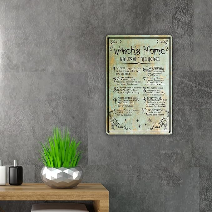 Funny Witch's Home Rules Quote Metal Tin Sign Wall Decor, Retro Do Not Bring Spirits into the House Sign for Home Decor Gifts