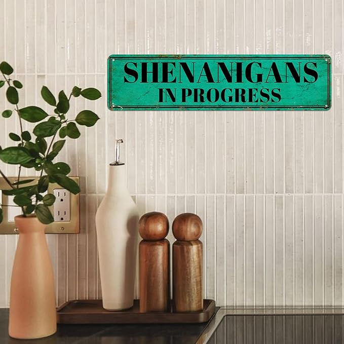 Vintage Metal Tin Signs Shenanigans In Progress Signs Vintage Bathroom Wall Art Retro Kitchen Signs Wall Decor Rustic Metal Tin Plaque Art Poster Metal Home Sign Decorative Tin Sign 4x16 Inch
