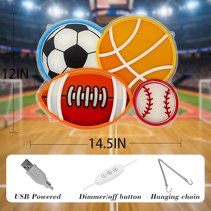 4 Ball Sport Neon Sign, Soccer Basketball Baseball Football Neon LED Light Wall Decor with Printed Design, Sports Themed for Boy's Bedroom Playroom Man Cave Home College Club Birthday Party Decor