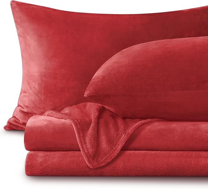 BEDELITE Flannel Sheets Queen Size Red - Super Soft Fleece Sheets Set Fluffy Extra Plush, 4 Piece(Include Fitted Sheet, Flat Sheet, 2 Pillowcases)