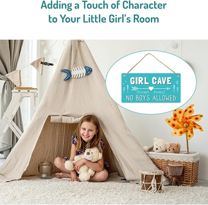 Girl Cave Sign, 12″x6″ PVC Plastic Wall Decoration Hanging Sign, High Precision Printing, Water Proof, Girls Only Room Decor, No Boys Allowed Except Daddy for Girls Bedroom