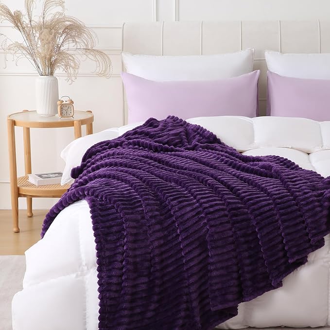 Deep Purple Throw Blanket for Couch Sofa 60x80 inches Striped Fleece Blankets Room Home Decor Lightweight Plush Soft Cozy Gifts for Women Mom Girls