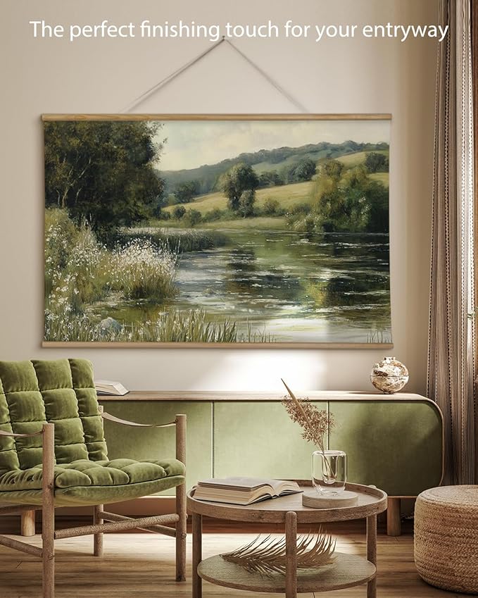 ARPEOTCY Extra Large Vintage Framed Wall Art, 36x54 Inch River Landscape Hanging Framed Canvas Prints Scroll Wall Art Decor for Living Room Bedroom, Retro Scenery Pictures Above of Bed