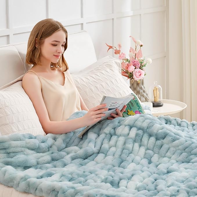 Ultra Soft Luxury Faux Fur Throw Blanket for Couch, Fuzzy Fluffy Plush Warm Cozy Ruched Blanket for Sofa Bedroom Living Room, Elegant Gift Idea for Women (50"x60",Tie-dye Freshwater Blue)
