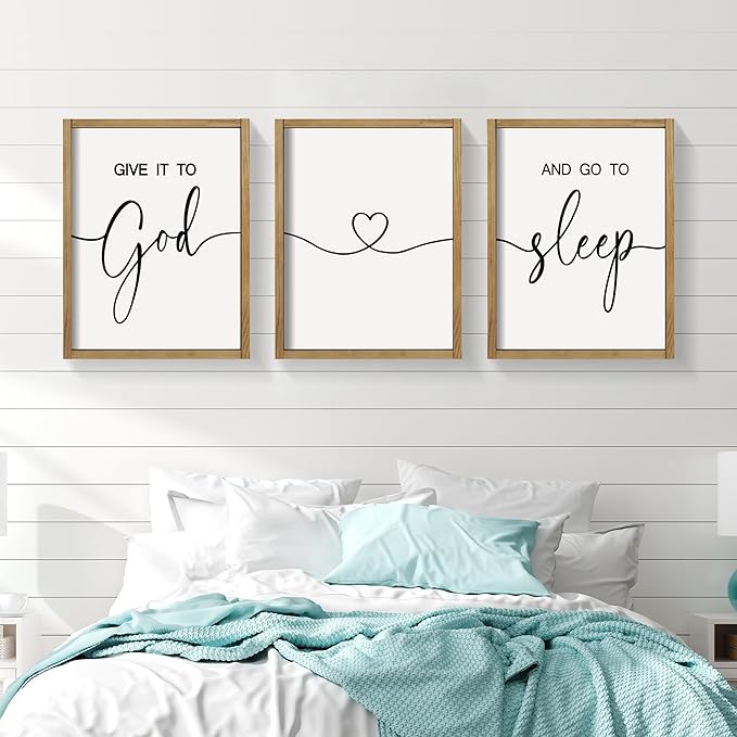 Heiple Give It to God and Go to Sleep Sign Set of 3 Above Bed Wall Decor Farmhouse Bedroom Decor Wood Framed Art Rustic Master Bedroom Essentials Home Decoration (Brown, 11”x14”)