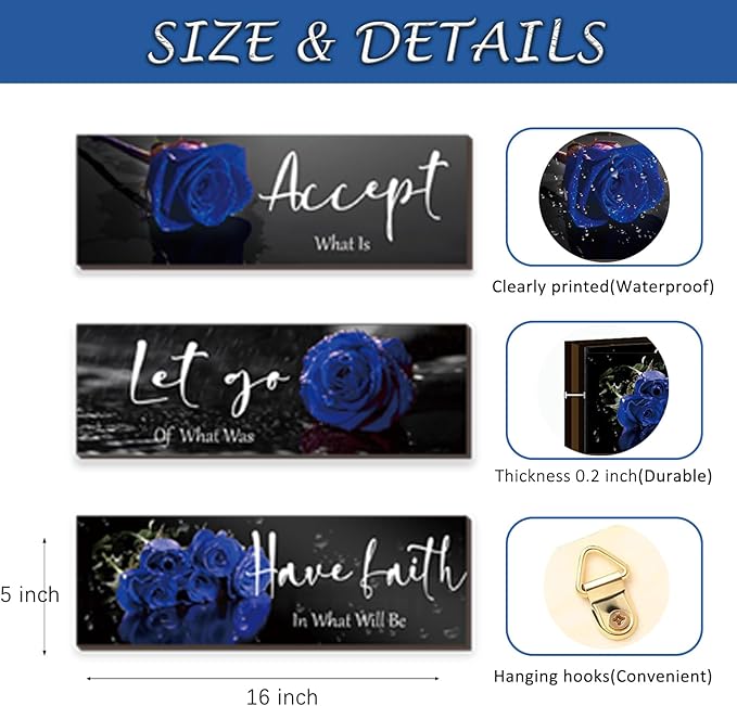 ZINYAZHE 3 Pcs Blue Wall Decor Inspirational Blue Rose Bathroom Wooden Wall Art Office Decor With Accept Let Go Have Faith Quotes For Girl Women Bathroom Bedroom(16 X 5Inch)