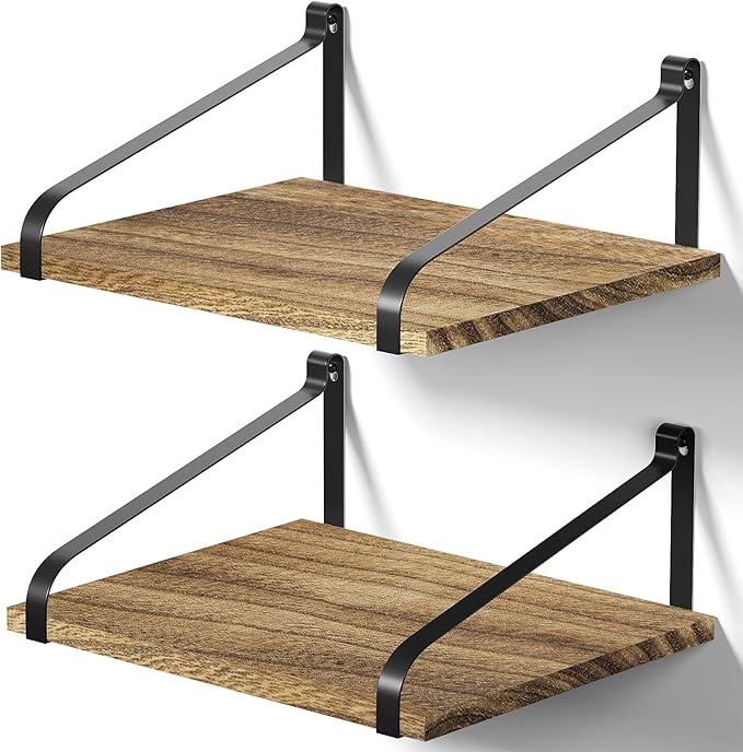 Love-KANKEI Floating Shelves Wall Mount Rustic Wood Wall Shelves with Large Storage L16.5 x W12 inch for Kitchen Living Room Bathroom Bedroom Set of 2 Carbonized Black