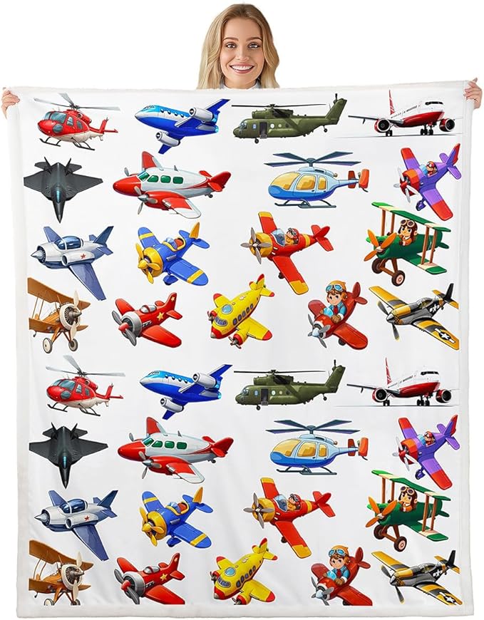 Aircraft Sherpa 3D Print Airplane Throw for Kids Teen Boys, Fighter Flight Helicopter Fleece Blanket, Cartoon Aviation Theme Fuzzy Ultra Soft Baby 30"x40" White