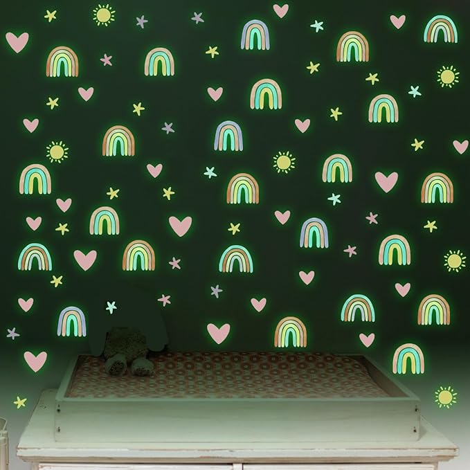 Epakh Rainbow Wall Decor Stickers Small Rainbow Decal Watercolor Heart Star Sun Wall Stickers Decor for Girls Boys Baby Bedroom Nursery(Luminous Green)
