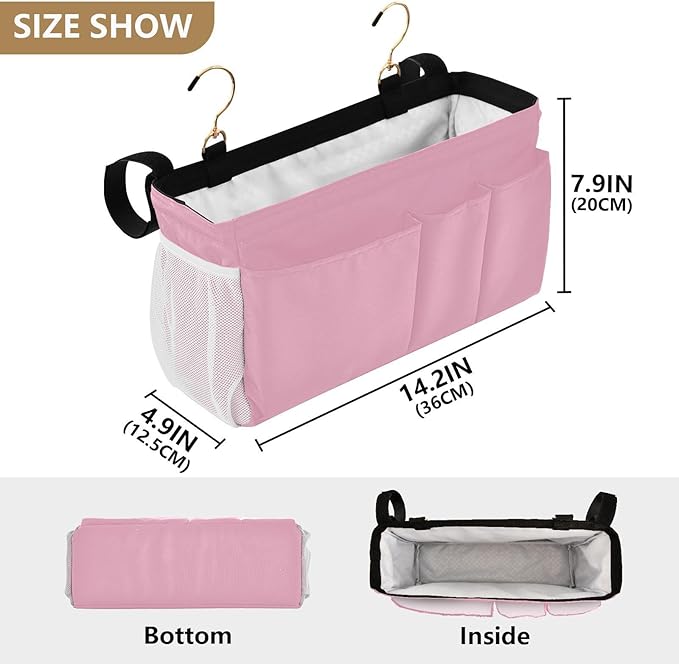 DOMIKING Pink Bedside Caddy for Dorm Bed Recliner Armrest Organizer with Hooks Haning Holders for Magazine Tablet Phone