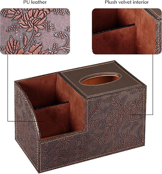 Fanousy Square Tissue Box Cover with Storage, PU Leather Cube Tissue Box Holder, Remote Control Nightstand Organizer, Modern Desk Caddy for End Table, Bathroom, Bedroom, Home, Office Decor