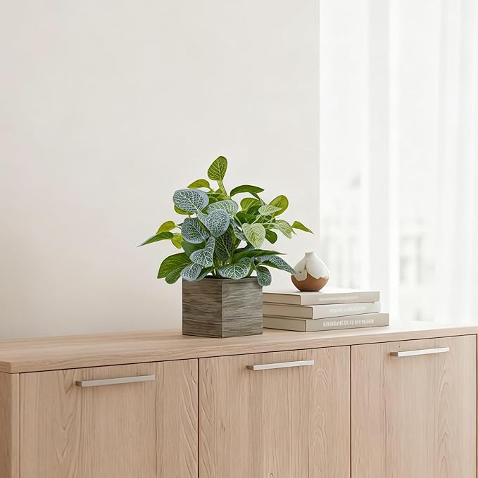 2 Pack Medium Fake Plants with 4 Inch Wooden Planters, 12" Tall Indoor Artificial Plants for Shelves, Desktop, Bedroom, Office Decor