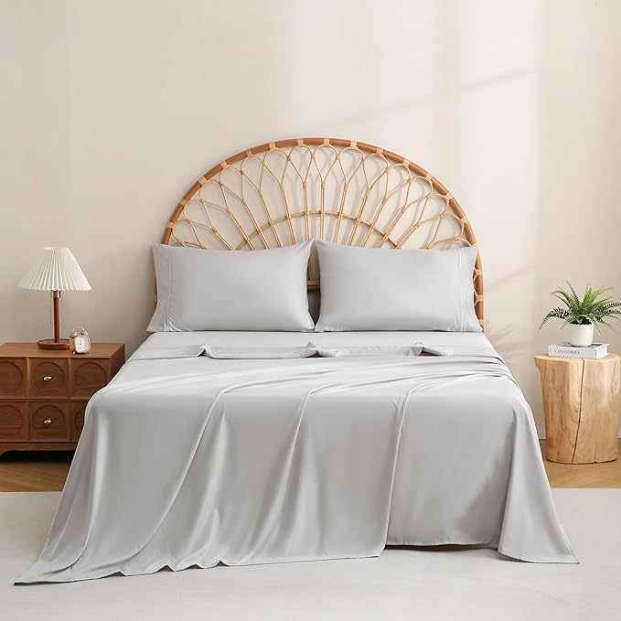 JSD Light Grey King Sheet Set with Side Pocket Corner Straps, 4 Piece Soft Microfiber Bed Sheets Extra Deep Pocket