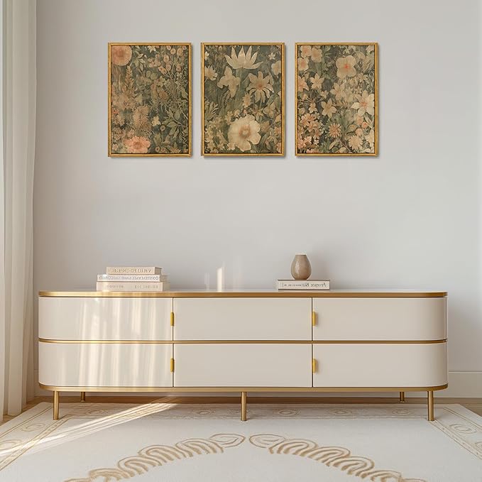 Wodkwq 3 Piece Vintage Floral Wall Art Framed,Neutral Wildflower Wall Decor,Mid Century Modern Botanical Prints,Retro Plant Art,For Bedroom, Living Room,Office 12x16in